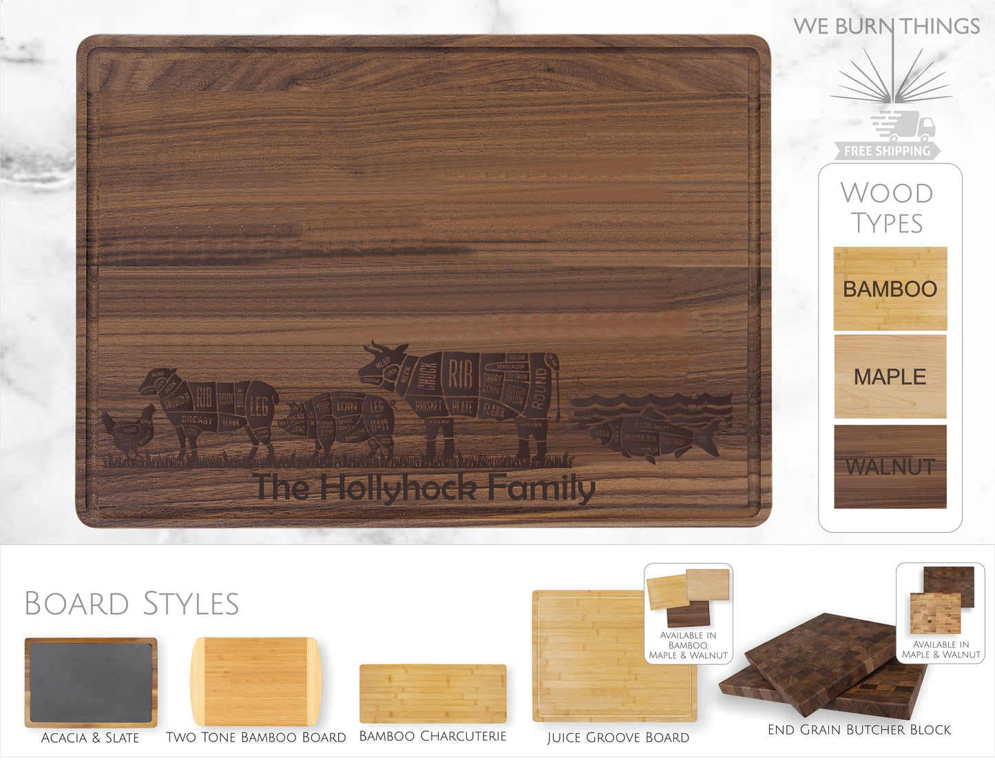Meat Cuts Diagram - CUTTING BOARD: **Free Shipping** - Custom Engraved Maple, Walnut, Bamboo, Slate Cutting Boards