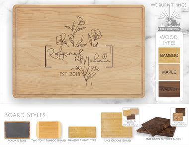 Couples Custom Name Wedding with Flowers - CUTTING BOARD: **Free Shipping** - Custom Engraved Maple, Walnut, Bamboo, Slate Cutting Boards